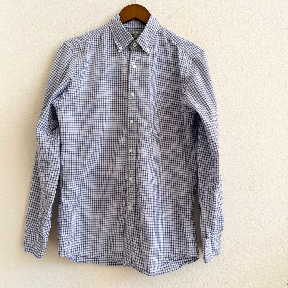 Uniqlo Mens Small Blue Gingham Cotton Button‎ Down Long Sleeve Shirt 331-